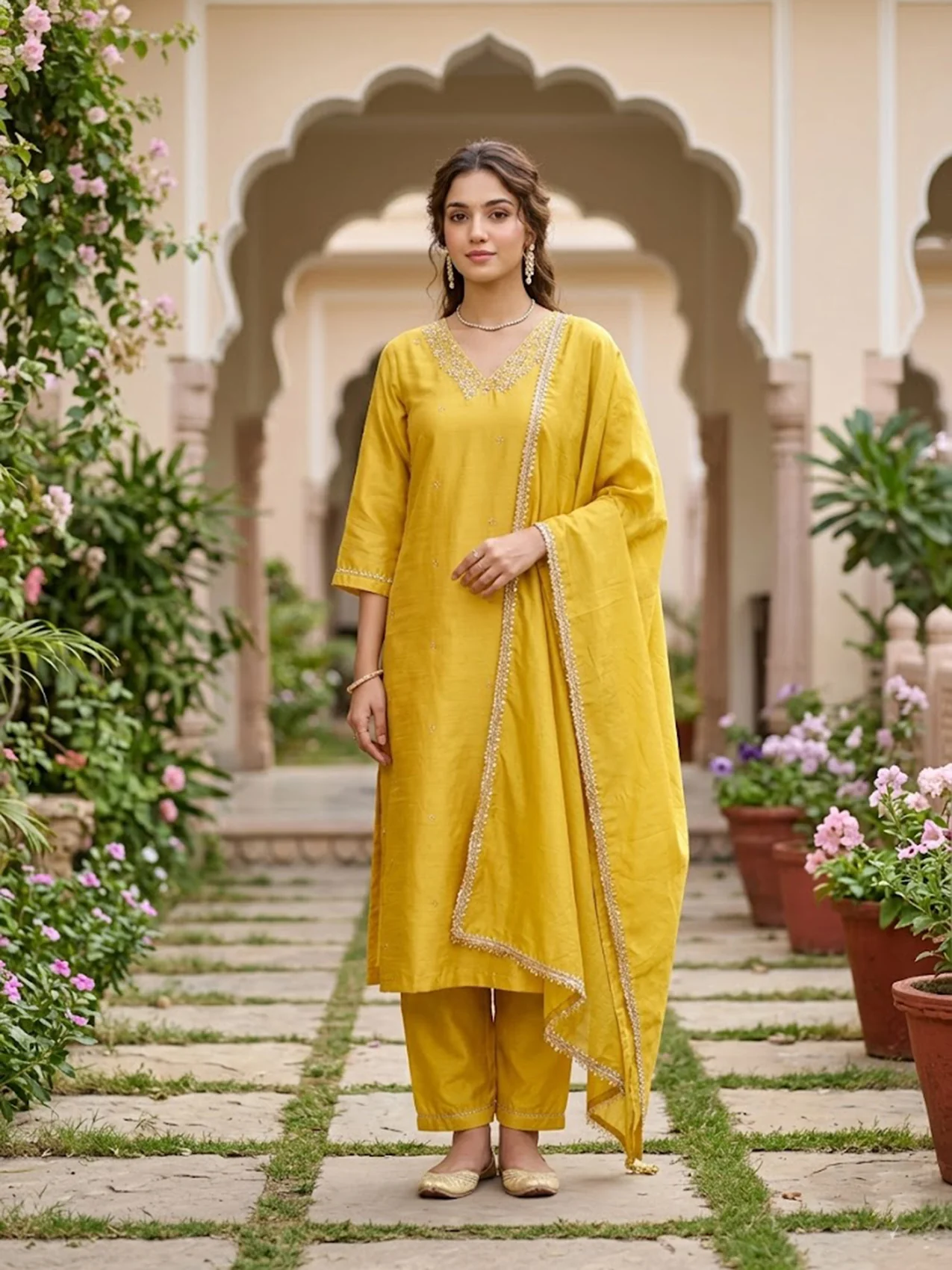 Yellow Art Silk Cording Straight Kurta With Pant Regular And Dupatta